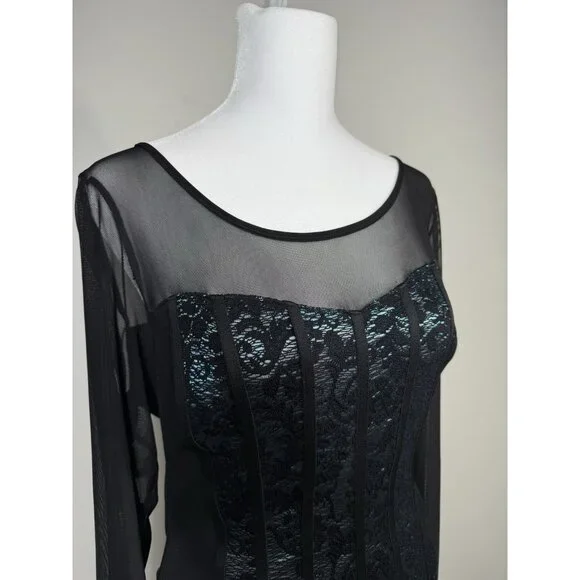 Vintage Black Sheer Corset Lace Long Sleeve Top Fairy Grunge Whimsigoth Sexy L - Picture 2 of 10